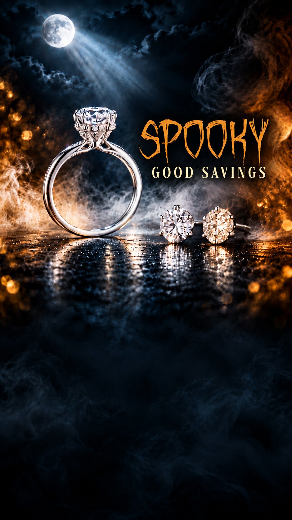 A gothic-themed promotional graphic featuring a silver-toned ring with a large clear gemstone and a matching stud earring, set against a dark smoky background with a moon and the text 'SPOOKY GOOD SAVINGS'.