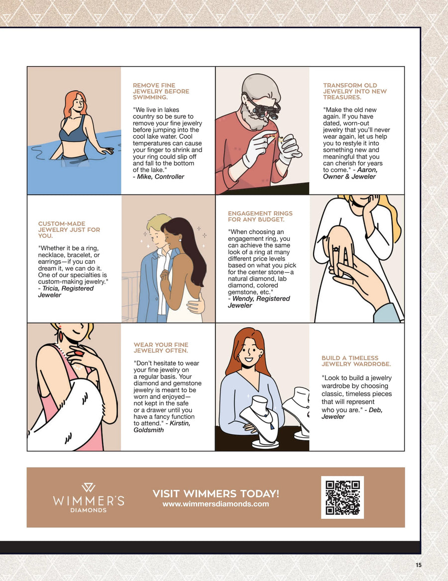 Comic-style advertisement for Wimmer's Diamonds with illustrations of jewelry choices and advice.