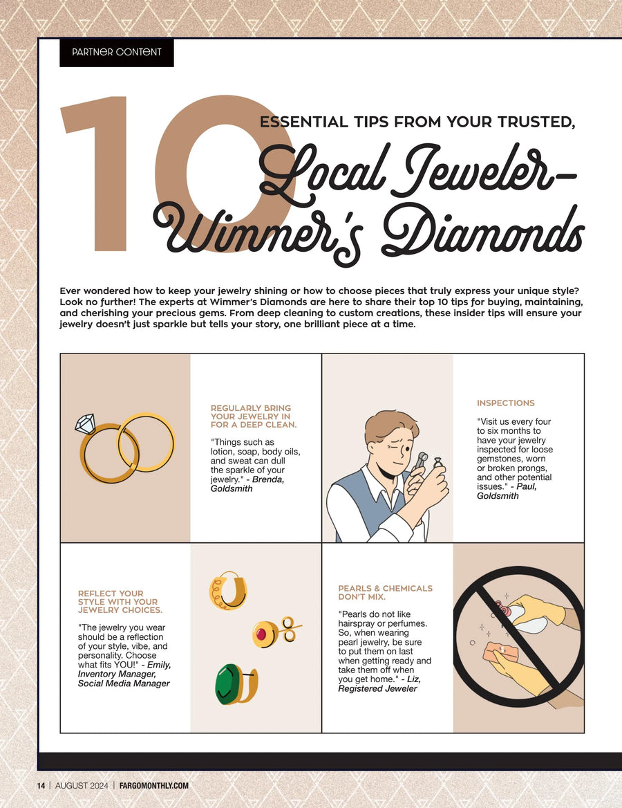 Page from a magazine featuring '10 Essential Tips from Your Trusted Local Jeweler' by Winner's Diamonds.